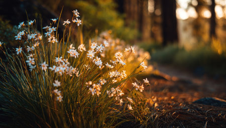 This image showcases a cluster of small white flowers and green grass, set against a blurred background of a forest. The composition emphasizes natural light and creates a warm, inviting atmosphere. This photograph can be used for various commercial projects and editorial purposes. The colors include white, green and brown.の素材