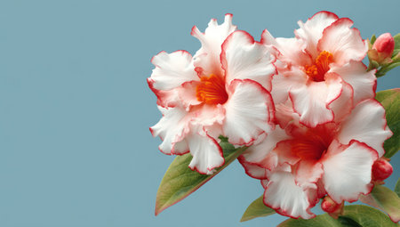 This image showcases a close-up of delicate double-flowered blossoms, featuring white petals edged with red and vibrant orange centers. The composition is set against a soft blue background, creating a contrasting effect. The style is detailed and natural, suggesting potential uses in botanical publications or decorative applications.の素材