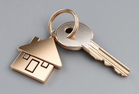 A shiny golden key and a house-shaped pendant rest on a smooth, gray surface in this image. The key features a traditional design, while the pendant mimics the form of a house. The composition is clean, with the items placed centrally, suggesting themes of property, ownership, and security, suitable for various commercial uses.の素材