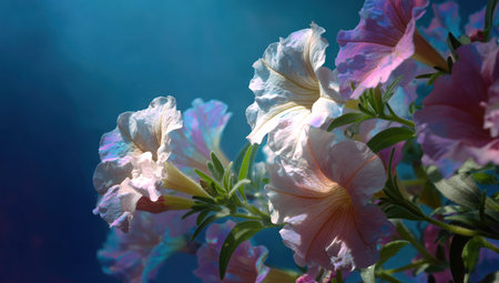 This image showcases elegant petunia blossoms in soft focus. The composition highlights the flowers' textured petals, with gentle shifts in color from white to pink. The scene is bathed in natural light, set against a deep blue background. Suitable for various applications, it can be used for design and editorial purposes.の素材