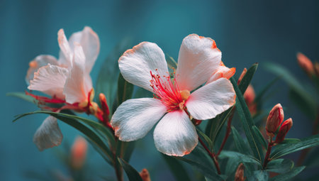 A detailed image showcases a pair of white flowers with pink and red accents. The blooms are set against a blurred turquoise backdrop, with rich green foliage. The composition suggests a natural environment and could be used for various design, decorative, or artistic purposes.の素材