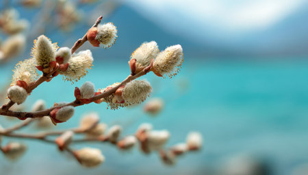 This image showcases delicate pussy willow buds against a soft turquoise background. The composition features a shallow depth of field, with the buds in sharp focus and the background blurred. The natural lighting and color palette evoke a sense of serenity and freshness. Suitable for illustrating themes of spring, nature, and environmental elements.の素材