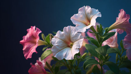 This image showcases a collection of petunia flowers in full bloom, revealing delicate petals in shades of pink and white. Green foliage complements the blooms, set against a dark background. The composition and lighting create a visually appealing arrangement suitable for various commercial or editorial applications.の素材