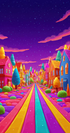 An illustrated street scene features a vibrant rainbow road leading through a row of brightly colored houses and trees. The artistic style is reminiscent of a cartoon, utilizing bold colors and a simplified form. The image could be used for various projects, including advertising or educational materials, evoking a whimsical atmosphere. The scene is set under a purple sky.の素材