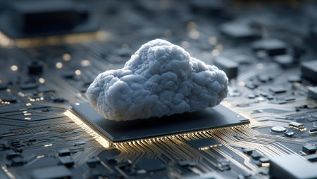 An image showcases a digital cloud symbol positioned on a computer chip, surrounded by intricate circuitry. The composition displays a close-up perspective with a shallow depth of field, employing cool tones and high contrast to emphasize the technology's complexity. This visual is suitable for illustrating concepts of data storage and processing.の素材