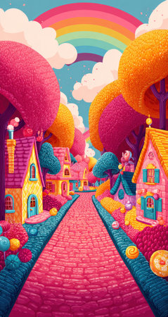 This vibrant illustration depicts a fantastical town with buildings in varied bright colors. A rainbow arches across the sky above stylized trees and a central path. The style is cartoonish with a focus on vivid colors and soft textures. Suitable for illustrating stories, children's content, or other creative projects, this image offers copy space.の素材