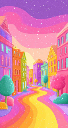 A cartoon illustration showcases a colorful street scene with buildings and trees. The image features a bright, vibrant color palette with a stylized composition. The environment is lit with a soft glow, suggesting a daytime scene. This illustration could be used for various design projects or creative editorial purposes.の素材