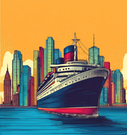 A cruise ship dominates the foreground, set against a backdrop of colorful skyscrapers under a bright orange sky. The illustration uses bold lines and vibrant hues, including blues, reds, and greens, suggesting a sunny day. This image may be suitable for travel promotions, editorial features, or design projects related to maritime travel.の素材