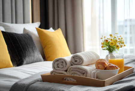 A well-lit bedroom scene features a bed with decorative pillows in yellow and black. A breakfast tray holds croissants, juice, and rolled towels. The composition includes a vase of yellow flowers and a bright window. This image is suitable for use in hospitality, lifestyle, and design-related materials.の素材