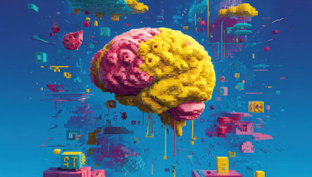 An illustration depicts a colorful brain suspended amidst abstract geometric shapes against a vibrant blue background. The brain, with its pink and yellow hues, dominates the composition. This digitally created artwork may be suitable for educational materials or conceptual designs, ideal for various commercial and editorial applications.の素材