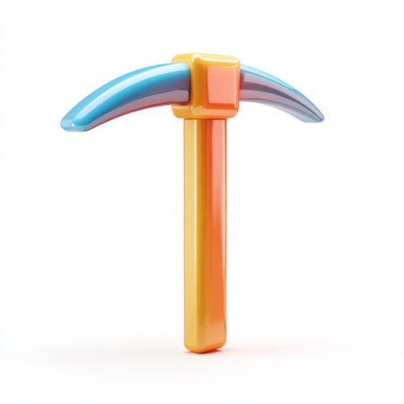 A vibrant 3D rendered image features a pickaxe against a plain white background. The tool displays a gradient of colors including blue, orange, and yellow. The style is clean, modern, and suitable for a variety of projects. This image could be used for illustrations in commercial or editorial contexts.の素材