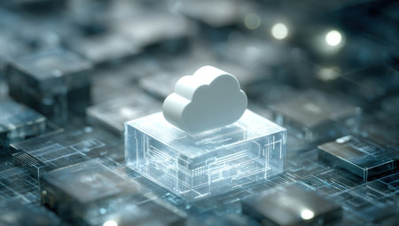 A digital illustration depicts a cloud icon atop a transparent structure. The composition utilizes a cool color palette with soft lighting, suggesting a technological environment. This image could be used in various commercial contexts, illustrating concepts related to data, servers, and computing infrastructure.の素材