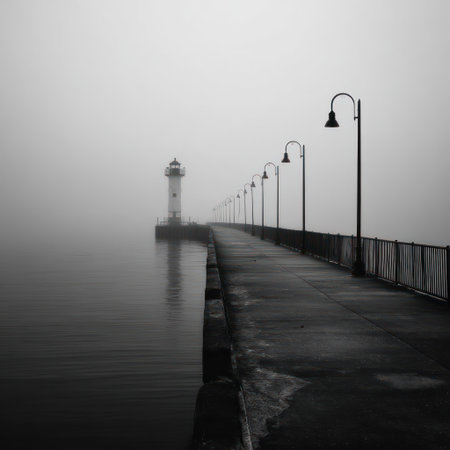 A grayscale photograph shows a lighthouse at the end of a pier disappearing into dense fog. The composition includes a row of street lamps and a reflective water surface. The monochromatic tones and diffused lighting suggest a calm, mysterious atmosphere, suitable for various editorial and commercial applications.の素材