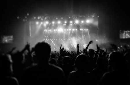 A grayscale image captures a concert scene with an audience silhouetted against a brightly lit stage. The composition emphasizes the energetic atmosphere with many raised arms. Overhead lights create a dramatic effect. This image is suitable for various commercial uses, including promoting live events and illustrating music-related themes.の素材