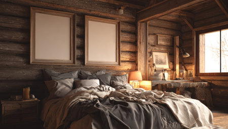 This interior photograph depicts a bedroom with a large bed beneath two empty picture frames. Wooden walls and ceiling create a rustic atmosphere, complemented by a bedside lamp casting warm light. The composition features a window, suggesting a natural light source. Suitable for various editorial and commercial applications.の素材
