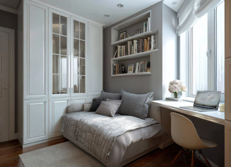 This interior photograph showcases a small, well-lit room featuring a sofa, desk, and built-in bookshelves. The color scheme is predominantly light with a touch of gray, and natural light streams in from a nearby window. This image can be used for editorial and commercial projects related to interior design, home decor, or lifestyle themes.の素材