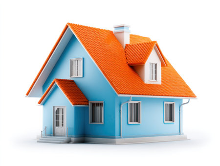 This illustration showcases a house with a vibrant orange roof and blue walls, isolated against a white background. The composition emphasizes the structure's features with clean lines and bright colors. Suitable for various design projects, it could be used to represent real estate, homeownership, or architectural concepts in a clear and visually appealing way.の素材