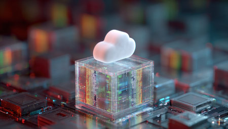 A digital cloud icon rests atop a transparent cube showcasing a circuit board. The image is rendered with a shallow depth of field, emphasizing the cloud. Neon blue and red accents highlight the components, suggesting an abstract, technology-focused setting. The design is suitable for illustrating concepts related to data, servers, and networks.の素材