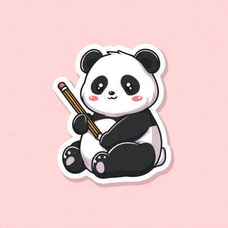 A charming cartoon illustration features a panda with black and white fur, holding a pencil against a pink background. The style is clean with rounded shapes and soft shading. This vector image could be suitable for educational materials, children's books, or various design projects requiring a playful visual.の素材