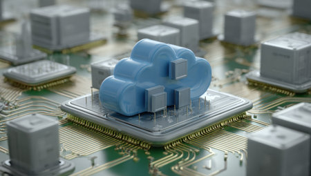 A 3D rendering depicts a digital cloud icon situated atop a computer chip. The artwork uses a cool color palette with soft textures and diffuse lighting. The composition suggests concepts such as data storage, network infrastructure, and global information access. Suitable for illustrative use in technology and business contexts.の素材