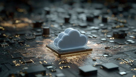 A glowing cloud icon rests on a detailed circuit board, illustrating a digital concept. The image displays a close-up perspective with a shallow depth of field, highlighting the network and microchip. This visual presentation emphasizes technology and could be used for articles, advertising, or educational material.の素材