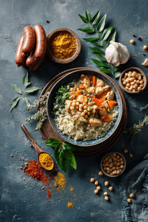 An overhead shot presents a vibrant couscous dish with vegetables, sausage, and chickpeas. The composition showcases a variety of colors and textures, enhanced by natural lighting. The image suggests a culinary theme suitable for food-related projects, editorial content, and advertising materials.の素材