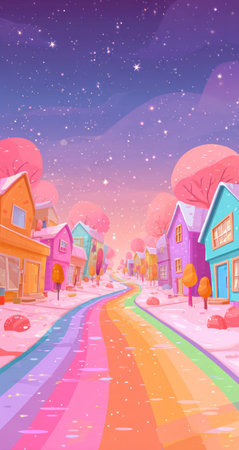 This colorful illustration presents a whimsical street scene featuring houses in a vibrant, stylized environment. The artwork showcases a range of bright colors, with soft textures and a clean, cartoon style. It depicts a street with rainbow colors, trees, and houses. It can be used for various commercial or editorial applications.の素材