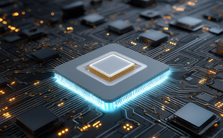 This image showcases a central processing unit, the core of a computer, resting on a detailed circuit board. The composition highlights the intricate network of electronic components, with bright blue and gold accents enhancing the dark background. Suitable for illustrating technology, innovation, and computing concepts in commercial or editorial contexts.の素材