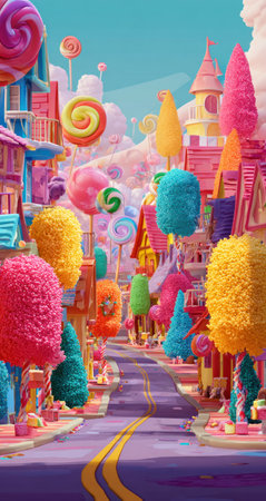 An illustration depicts a vibrant street scene of a whimsical candy land. The artwork showcases colorful buildings, lollipop trees, and swirling candies. The style is cartoonish, with vivid hues and soft textures. The image suggests a fantasy setting, suitable for various editorial and commercial applications.の素材