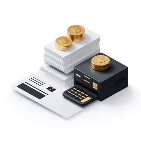 This graphic presents an abstract scene involving financial elements. The composition showcases stacks of cards and coins, alongside a digital device. The color palette emphasizes gold and black. The lighting appears diffused, possibly indicating studio conditions. This image is suitable for diverse commercial applications related to finance and technology.の素材
