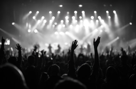 A monochrome image captures a crowd at a concert, silhouetted against brilliant stage lights. Many hands are raised in the air, creating a sense of energy and excitement. The composition and high-contrast lighting suggest a dynamic atmosphere suitable for promotional materials or editorial content.の素材