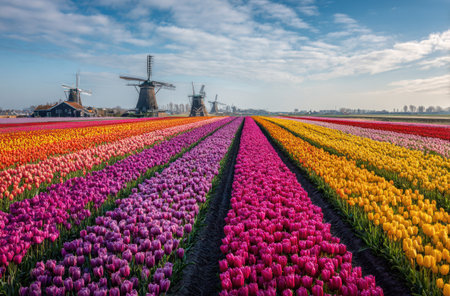 Rows of vibrant tulips in various colors lead to windmills under a partly cloudy sky. The flowers present a striking display of colors. The composition captures the outdoor setting, likely a field during the day. This scene might be used for promotional material or travel-related content.の素材
