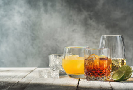 Various cocktails are arranged on a white wooden table. The glasses display a mix of colors and textures, enhanced by ice and lime slices. A textured backdrop creates an ambiance suggesting a bar or social gathering. Suitable for commercial or editorial applications related to beverages and events.の素材