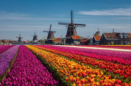 A vibrant landscape showcases rows of blooming tulips in various colors, leading the eye toward a horizon of traditional windmills. The image features a bright, natural daylight scene with contrasting colors and textures. This visual is suitable for a range of commercial and editorial uses, conveying themes of nature and beauty.の素材