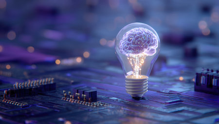 This image presents a glowing brain contained within a lightbulb, set against a backdrop of a circuit board. The composition utilizes soft lighting and a cool color palette. It may be suitable for illustrating themes such as innovation, education, or technology. Potential uses span various commercial and editorial applications.の素材