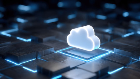 A luminous cloud icon floats above a rectangular surface, hinting at technological innovation. The scene is illuminated by neon blue lights, creating a futuristic aesthetic. This image is suitable for illustrating concepts of data storage, digital services, and related commercial or editorial applications.の素材