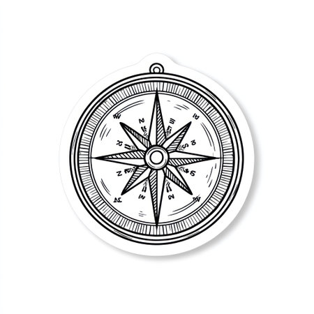 A detailed illustration depicts a classic compass rose, rendered in black lines. This vector design shows navigational details on a white backdrop, employing a flat overhead perspective. This graphic can be applied to diverse applications such as educational materials, web design, or editorial projects.の素材