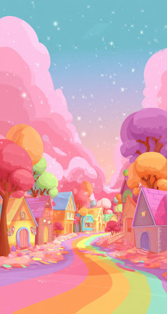 This vibrant illustration depicts a whimsical village with colorful buildings and a rainbow road leading through it. The scene is rendered in pastel hues with soft textures and features an idyllic sky. Suitable for use in children's books, educational materials, or other creative projects with a playful and uplifting theme.の素材