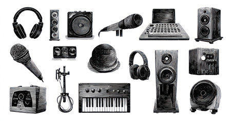 This black and white illustration showcases a variety of audio equipment. The composition includes headphones, speakers, microphones, and a keyboard. The style suggests a technical or artistic application, suitable for projects related to audio production. These elements may be useful for commercial and editorial purposes.の素材