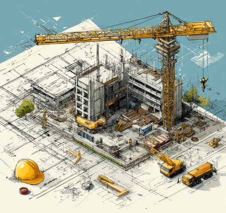An illustration depicts a construction site featuring a tall crane and various machinery, with buildings under construction on a large blueprint. The image displays a detailed technical style, with a color palette of yellow, beige, and blue. This image is suitable for commercial and editorial purposes related to construction and architecture.の素材