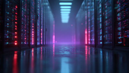 An interior shot showcases rows of server racks, illuminated by a combination of blue and red lighting. The reflective floor adds depth and creates a sense of symmetry. The scene suggests a technology-focused environment, suitable for various editorial and commercial applications.の素材