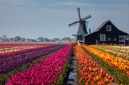 Rows of vibrant tulips bloom in a field, showcasing shades of purple, pink, and orange. A traditional windmill and wooden building stand in the background under a clear blue sky. The composition offers a scenic view with soft lighting, suitable for various editorial and commercial applications.の素材