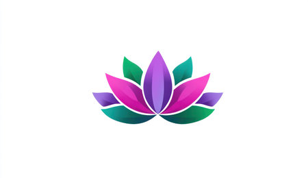 A vibrant lotus flower logo, presented on a white backdrop, exhibits a gradient of colors from green to purple. The design features a symmetrical arrangement, with a smooth, stylized aesthetic, suitable for various applications. It suggests a concept for potential use in branding or visual communication.の素材