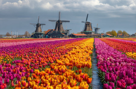 A vibrant landscape showcases rows of colorful tulips with traditional windmills in the background. The scene features various hues of flowers, capturing a sunny daytime environment under a cloudy sky. This image is suitable for various commercial uses, including travel and nature-themed content.の素材