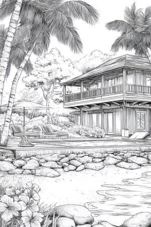 An illustrated coastal residence is depicted, featuring a two-story structure with a balcony. Palm trees frame the scene, and a seaside area is visible. The grayscale artwork employs detailed line work, offering a naturalistic style. Ideal for editorial content, the image presents a serene setting suitable for various design applications.の素材