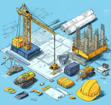 An illustration depicts a construction site featuring a tall crane alongside building plans and materials. The scene is rendered in shades of blue, yellow, and orange with a detailed, technical style. The composition suggests an active construction environment. It may be appropriate for use in architectural publications or commercial design.の素材