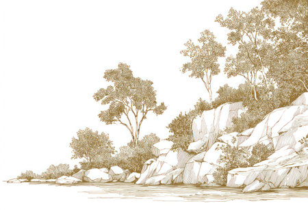 An illustration depicts a coastal scene featuring trees and rocky formations. The image utilizes a sepia color palette, with detailed lines that define the natural elements. The composition showcases the interaction between the land and the water. This image is suitable for various commercial uses.の素材