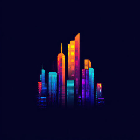 A vibrant vector illustration depicts a city skyline. Buildings of various heights are illuminated with gradients of orange, yellow, and blue hues. The composition features a symmetrical arrangement set against a dark backdrop. Suitable for a wide range of uses, this image could be used in design or editorial projects.の素材