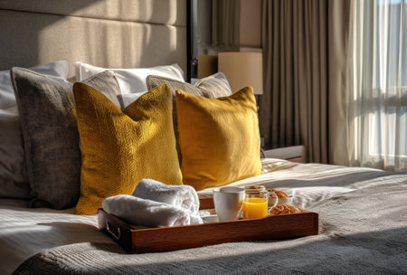 A close-up view presents a bed with fluffy pillows and a breakfast tray. Sunlight streams through a window, illuminating the room. The scene features various shades of yellow, white, and brown with a soft, inviting aesthetic. It can be used for hospitality, design, or lifestyle projects.の素材