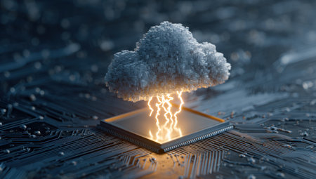 An illustration features a digital cloud emitting energy towards a processor, set against a circuit board background. The visual is characterized by cool, dark tones with bright, golden light emanating from the cloud. This image could be used for various purposes like technology advertisements or editorial content relating to data.の素材